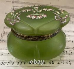 Rare Antique French Art Nouveau Green Glass Hand Painted Enameled Box c1900