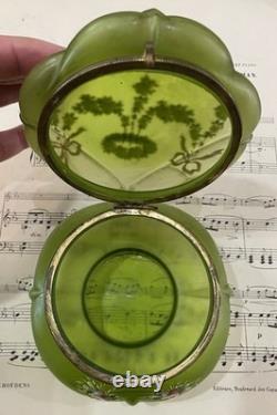 Rare Antique French Art Nouveau Green Glass Hand Painted Enameled Box c1900