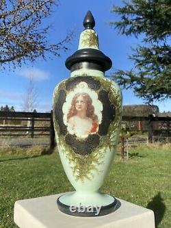 Rare Antique French Opaline Art Glass Vase/Lid. Hand-painted Portrait. Gold Gilt