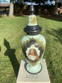 Rare Antique French Opaline Art Glass Vase/Lid. Hand-painted Portrait. Gold Gilt