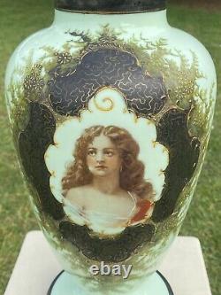 Rare Antique French Opaline Art Glass Vase/Lid. Hand-painted Portrait. Gold Gilt