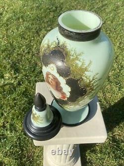 Rare Antique French Opaline Art Glass Vase/Lid. Hand-painted Portrait. Gold Gilt