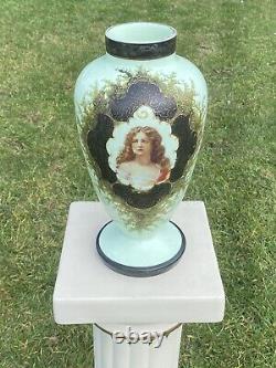 Rare Antique French Opaline Art Glass Vase/Lid. Hand-painted Portrait. Gold Gilt