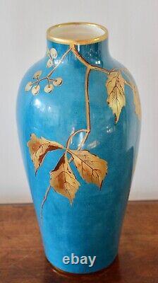 Rare Antique Gustave Asch Sea Green Faience Glaze & Gilt Decorated Vase c. 1900
