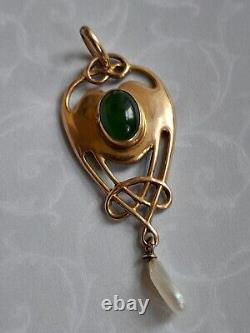 Rare Art Nouveau Jugendstil 1906 9ct Gold Jade And Pearl Pendant