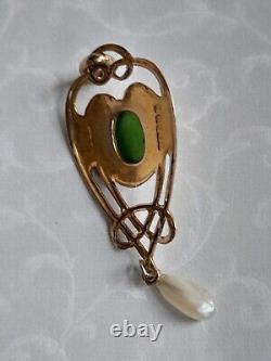 Rare Art Nouveau Jugendstil 1906 9ct Gold Jade And Pearl Pendant