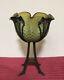 Rare Art Nouveau Loetz Green Iridescent Glass Bowl With Bronze Stand