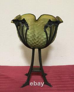 Rare Art Nouveau Loetz Green Iridescent Glass Bowl with Bronze Stand