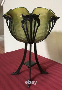 Rare Art Nouveau Loetz Green Iridescent Glass Bowl with Bronze Stand