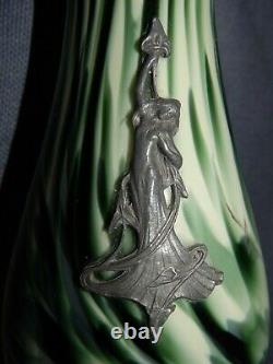 Rare Bohemian Green Swirl Glass Hyacinth Bulb Vase With Pewter Art Nouveau Lady