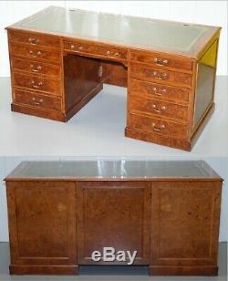 Rare Designed To House Computer Panelled Burr Walnut Green Leather Partner Desk