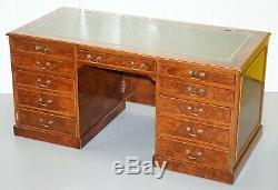 Rare Designed To House Computer Panelled Burr Walnut Green Leather Partner Desk