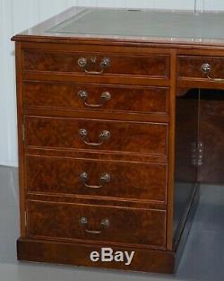 Rare Designed To House Computer Panelled Burr Walnut Green Leather Partner Desk