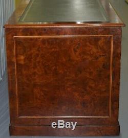 Rare Designed To House Computer Panelled Burr Walnut Green Leather Partner Desk