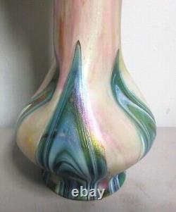 Rare KRALIK Glatt Bi-Color Pink & Feathered Green Art Nouveau Vase