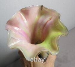 Rare KRALIK Glatt Bi-Color Pink & Feathered Green Art Nouveau Vase