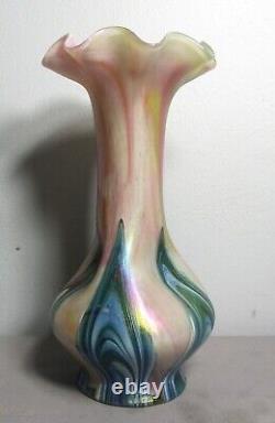 Rare KRALIK Glatt Bi-Color Pink & Feathered Green Art Nouveau Vase