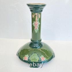 Rare Majolica 1900 Eichwald Green, Floral Art Nouveau Candlestick Holder 8 Tall