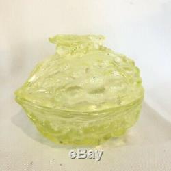 Rare! Vallerysthal Fly Walnut Shell Vaseline Glass Covered Container Candy Dish