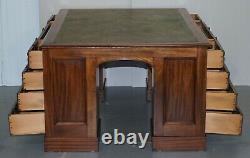 Rare Victorian Four Sided Quad Pedestal Desk In Flamed Mahogany Green Leather