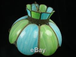 Rare Vtg Antique Slag Glass Brass Lamp Shade Ceiling Light Green & Blue 19 D