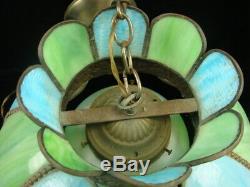 Rare Vtg Antique Slag Glass Brass Lamp Shade Ceiling Light Green & Blue 19 D