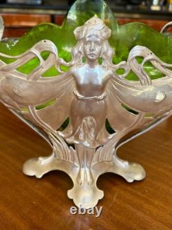 Rare WMF 1906 Art Nouveau Jugendstil Arts & Craft Fairy Vase With Green Glass