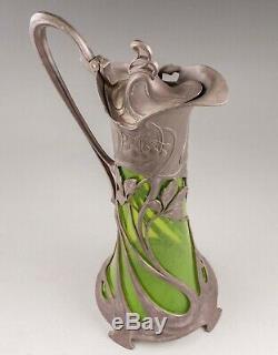 Rare WMF Warszawa Pewter Art Nouveau Clarinet Jug Pitcher Green Glass Body