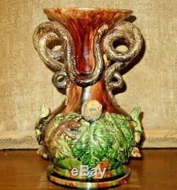 Rare antique palissy ware majolica J. C CEZAR CALDAS snakes lizards frogs vase