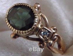 Rarest Antique Ostby Barton 10k Gold Green Tourmaline And Diamond Ring Sz 5