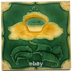 Reclaimed Art Nouveau Fireplace Majolica Tile Green Floral Design Marsden C1903