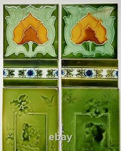 Reclaimed Original Antique Art Nouveau Fireplace Tile Set