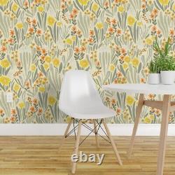 Removable Water-Activated Wallpaper Art Nouveau Flora Sage Green Yellow Abstract