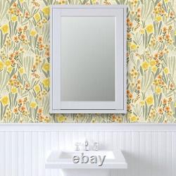 Removable Water-Activated Wallpaper Art Nouveau Flora Sage Green Yellow Abstract