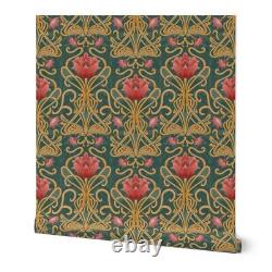 Removable Water-Activated Wallpaper Art Nouveau Flowers Scale Flower Green