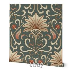 Removable Water-Activated Wallpaper Earth Tone Art Deco Art Nouveau Green And