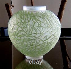 Rene Lalique 1920 Frosted Gui Vase with Light Lime Green Patina. 6 3/4. VG