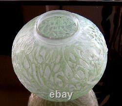 Rene Lalique 1920 Frosted Gui Vase with Light Lime Green Patina. 6 3/4. VG