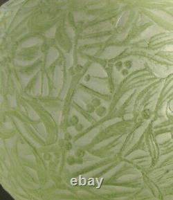 Rene Lalique 1920 Frosted Gui Vase with Light Lime Green Patina. 6 3/4. VG