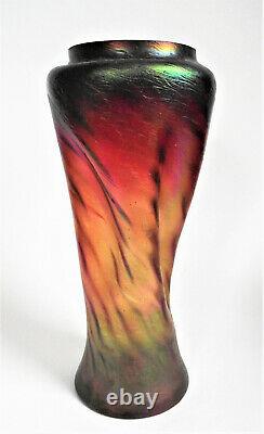 Rindskopf Pepita Red Green Iridescent Bohemian Antique Art Nouveau Glass Vase