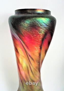 Rindskopf Pepita Red Green Iridescent Bohemian Antique Art Nouveau Glass Vase