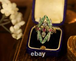 Ring Vermeil Silver 925 Adjustable Art Nouveau Dragonfly Enamel Green Cz Red