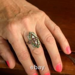 Ring Vermeil Silver 925 Adjustable Art Nouveau Dragonfly Enamel Green Cz Red
