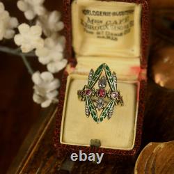 Ring Vermeil Silver 925 Adjustable Art Nouveau Dragonfly Enamel Green Cz Red