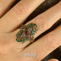 Ring Vermeil Silver 925 Adjustable Art Nouveau Dragonfly Enamel Green Cz Red