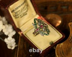 Ring Vermeil Silver 925 Adjustable Art Nouveau Dragonfly Enamel Green Cz Red
