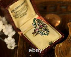 Ring Vermeil Silver 925 Adjustable Art Nouveau Dragonfly Enamel Green Cz Red
