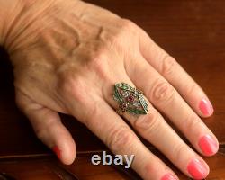 Ring Vermeil Silver 925 Adjustable Art Nouveau Dragonfly Enamel Green Cz Red