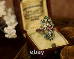 Ring Vermeil Silver 925 Adjustable Art Nouveau Dragonfly Enamel Green Cz Red