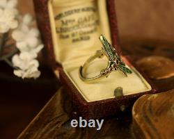 Ring Vermeil Silver 925 Adjustable Art Nouveau Dragonfly Enamel Green Cz Red